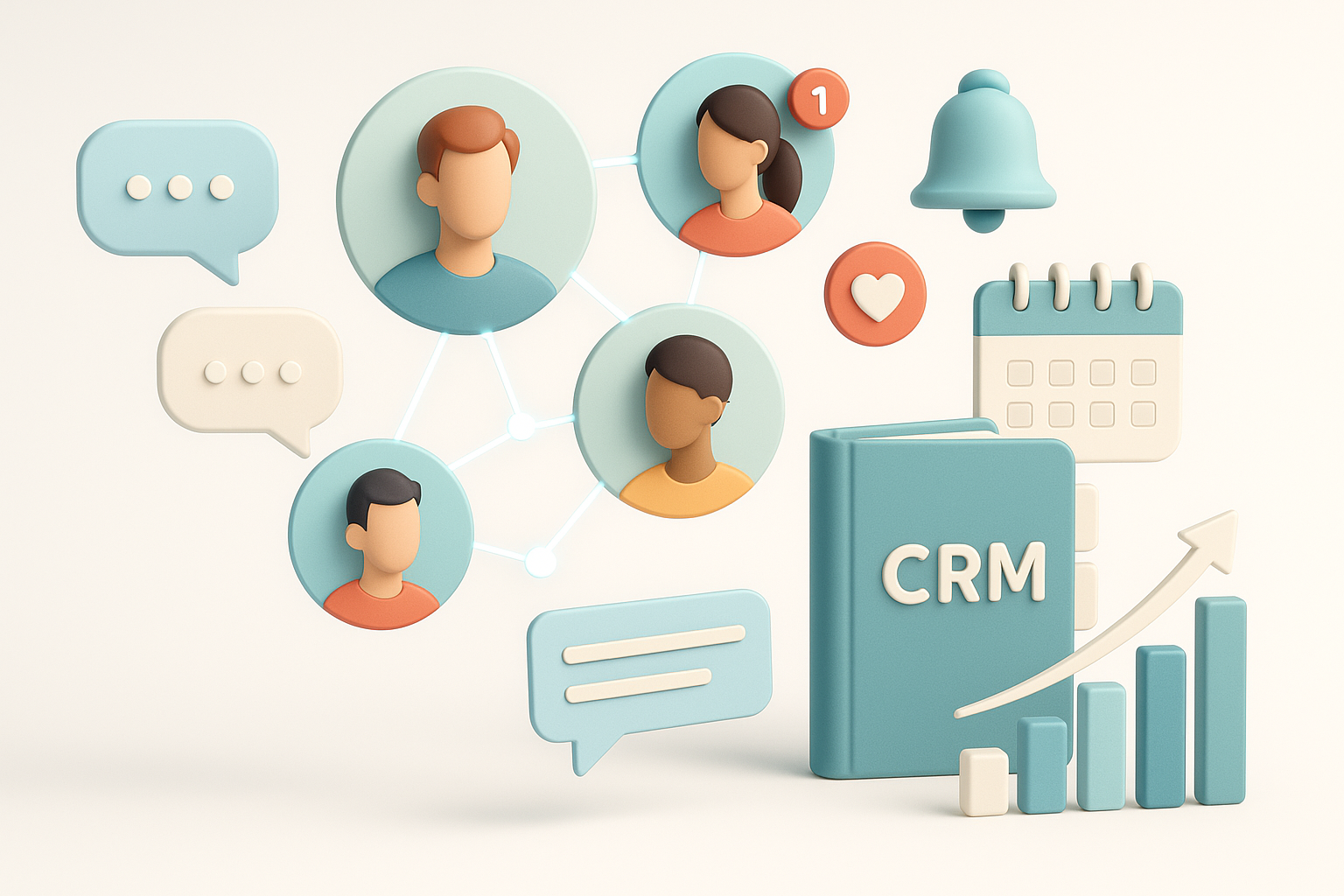 Laptop con iconos de CRM y perfiles de clientes